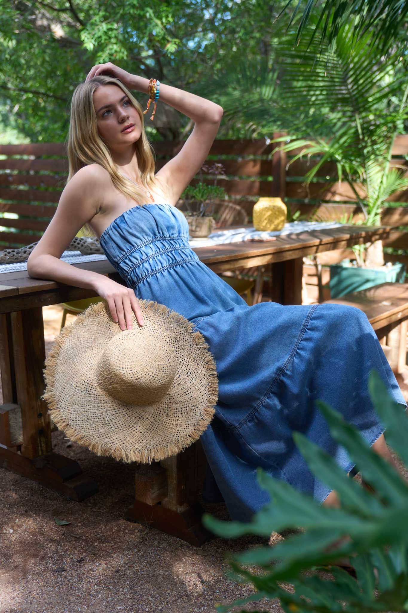 Blu Pepper - STRAPLESS SHIRRED TIERED DENIM MIDI SUNDRESS