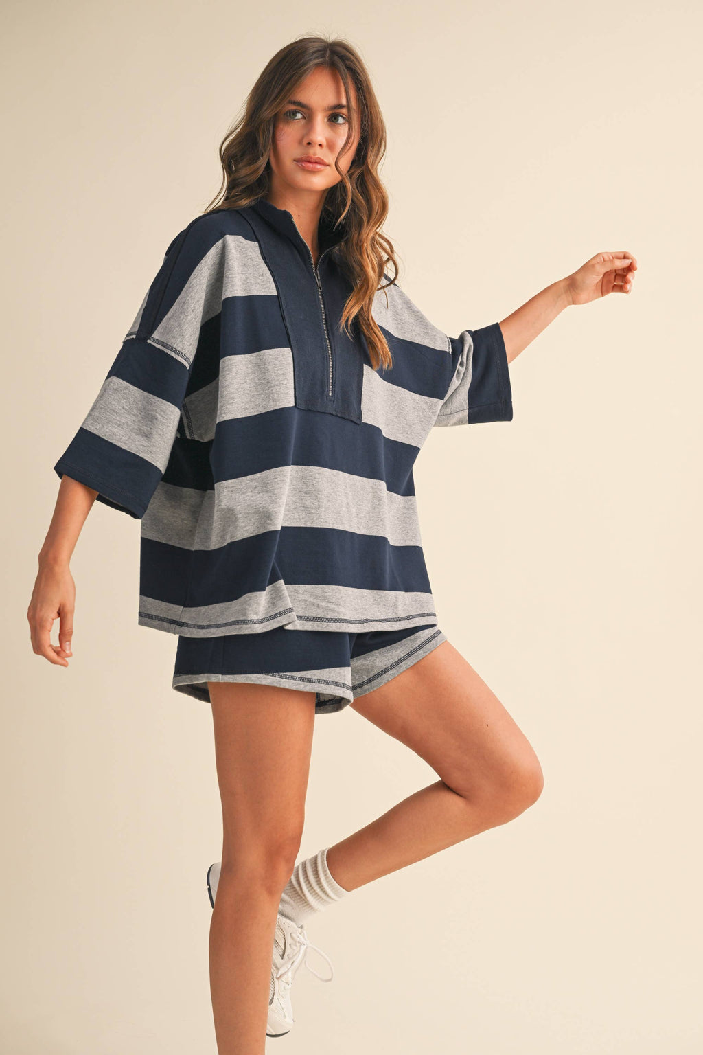 STRIPED ZIP UP OVERSIZED TOP AND SHORTS SET