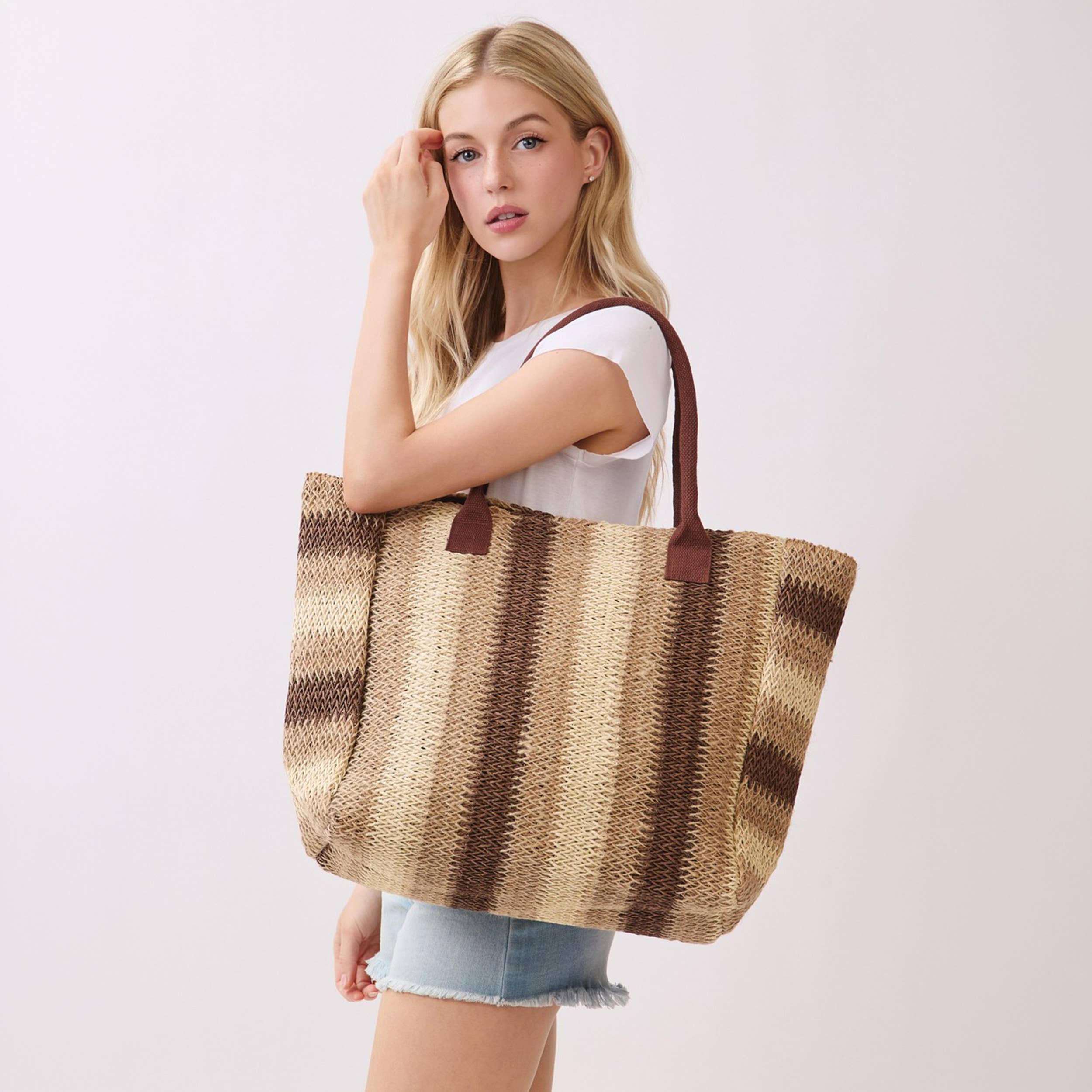 Hana - Multi Color Stripe Pattern Natural Brown Straw Tote Bag