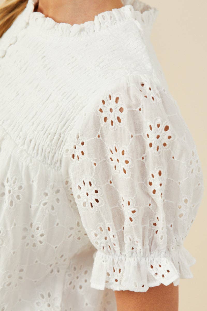 Hayden LA - Womens Floral Eyelet Smocked Button Detail Top