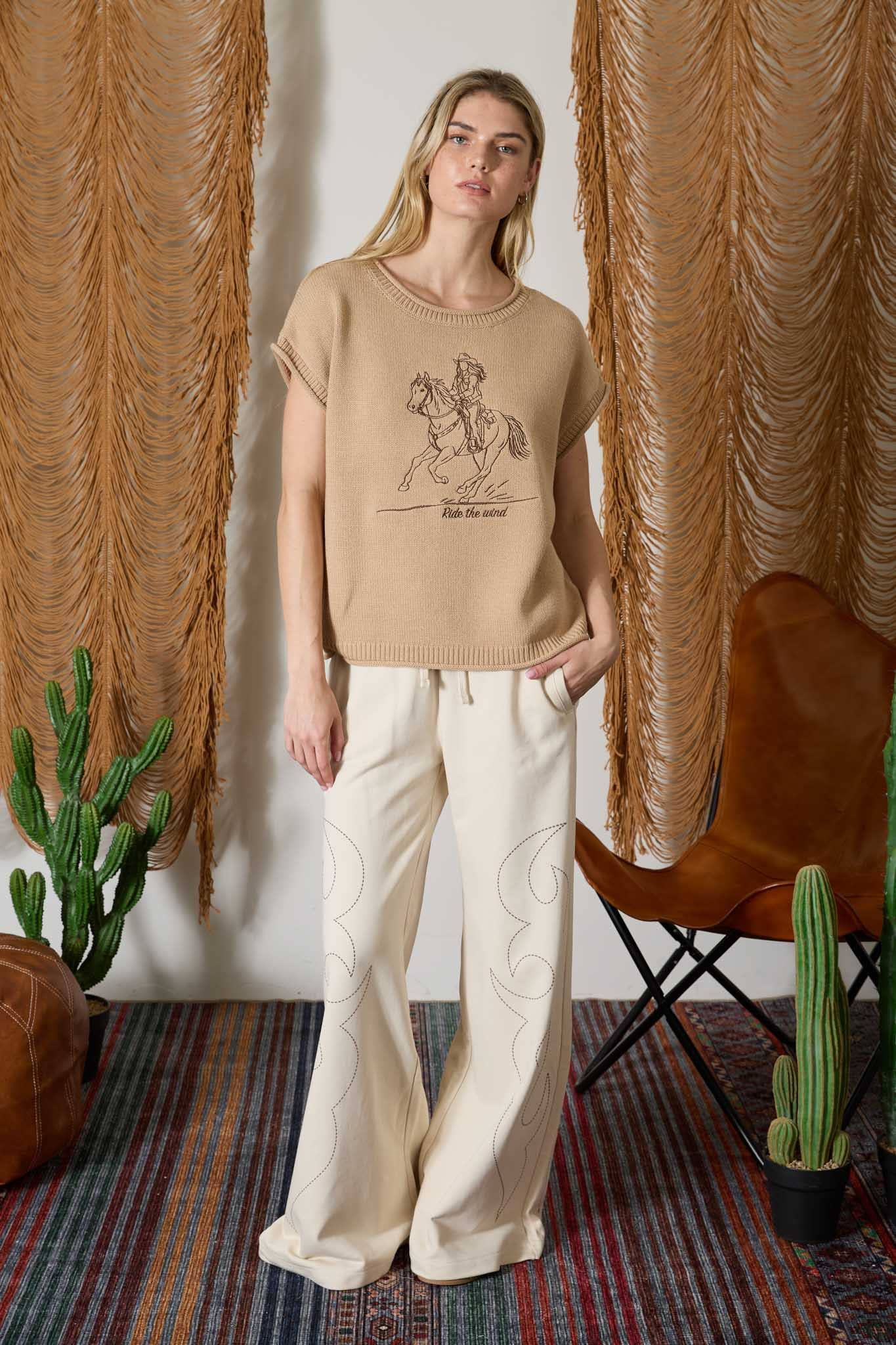 J.O.A - WESTERN EMBROIDERY SHORT SLEEVE KNIT SWEATER
