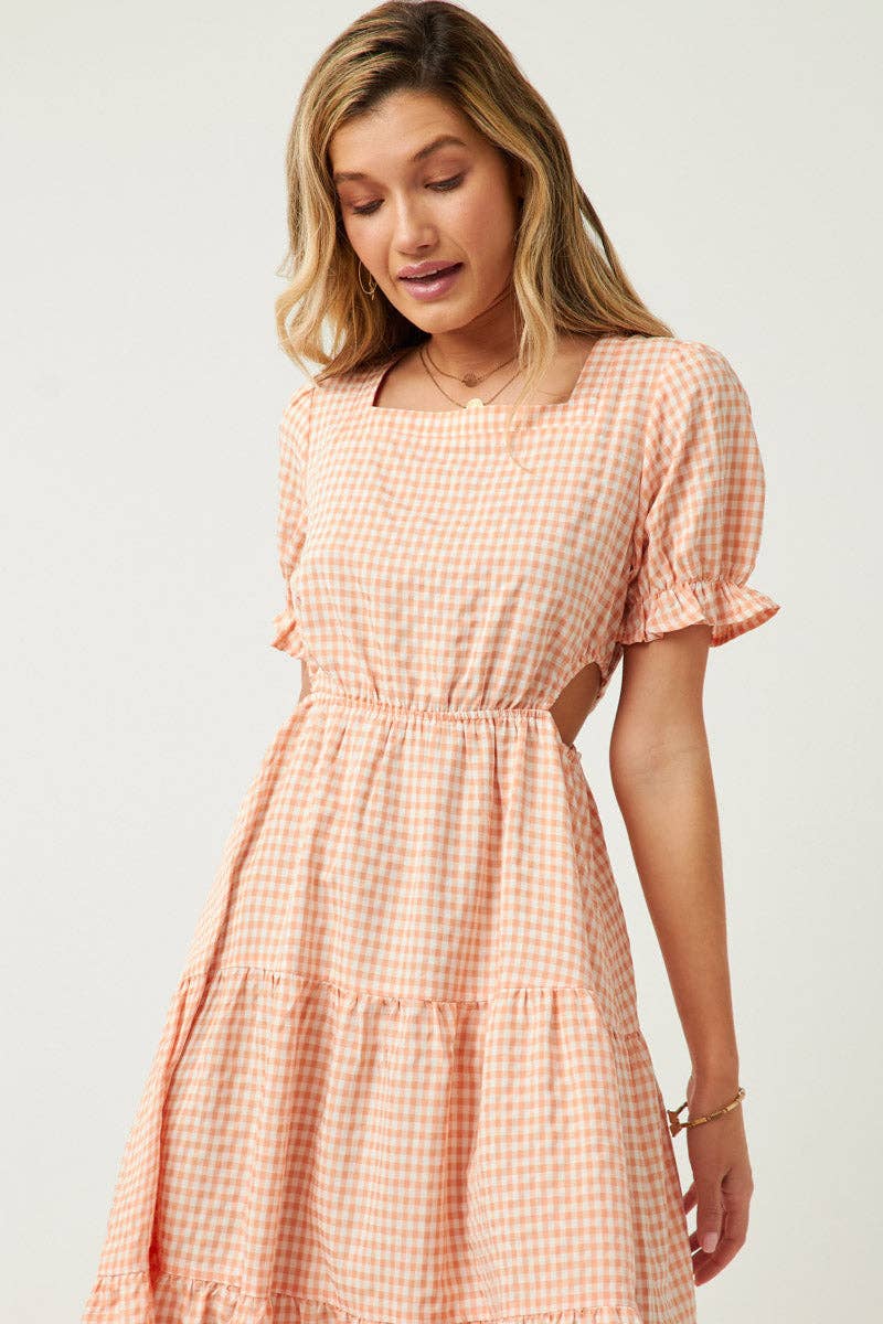 Womens Square Neck Side Cutout Tie Detail Gingham Dresss