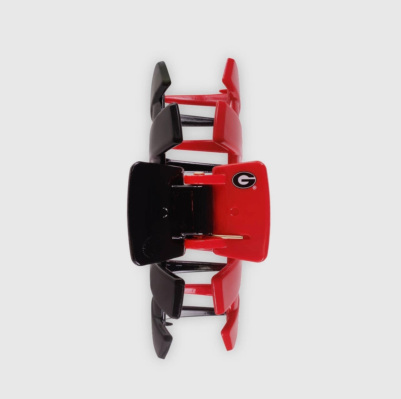 University of Georgia Collegiate Teletie Claw Clip in red and black. Top view.