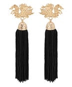 Black tassel earrings with a golden gamecock.