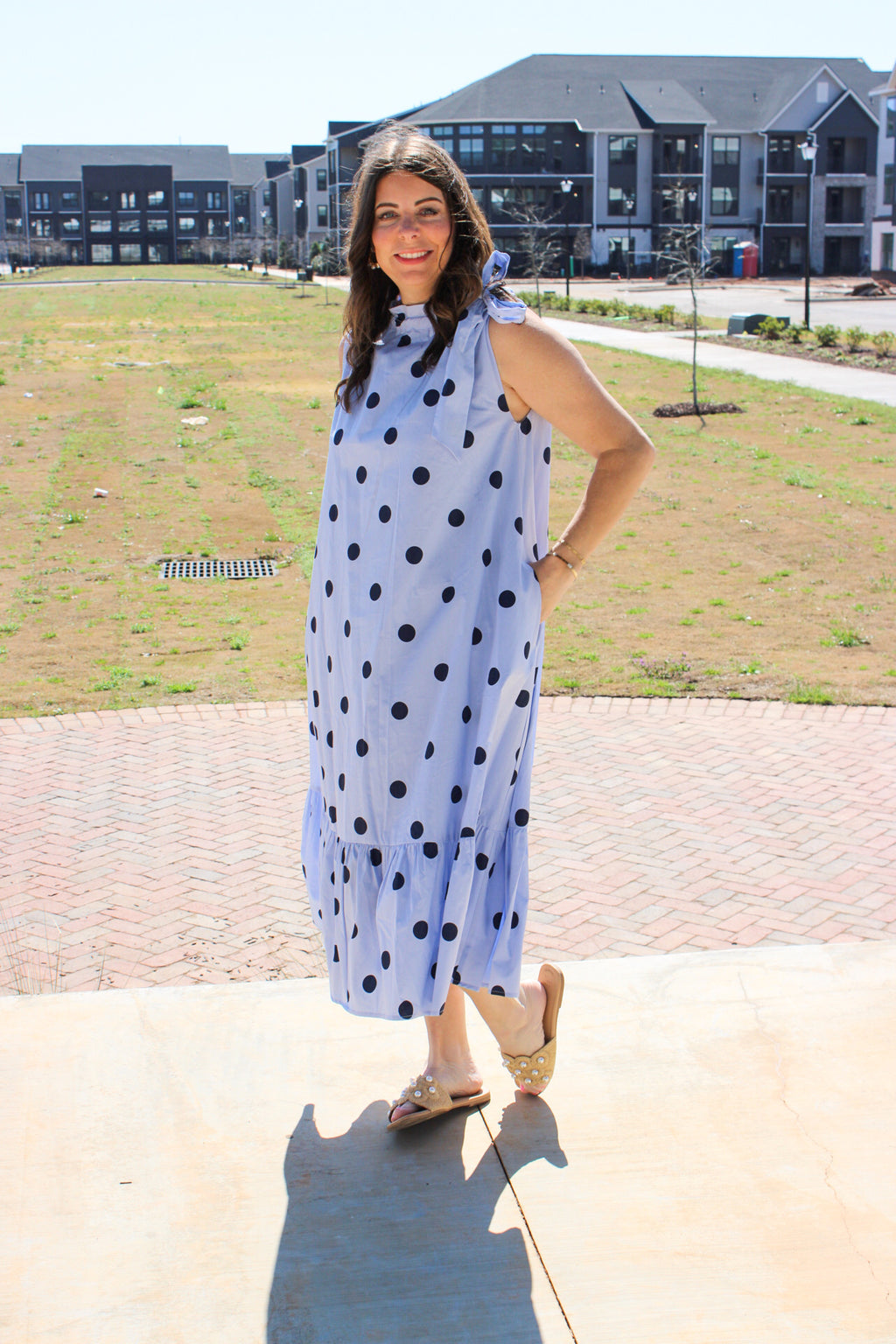 Ruffle Neck Tie Polka Dot Sleeveless Midi Dress