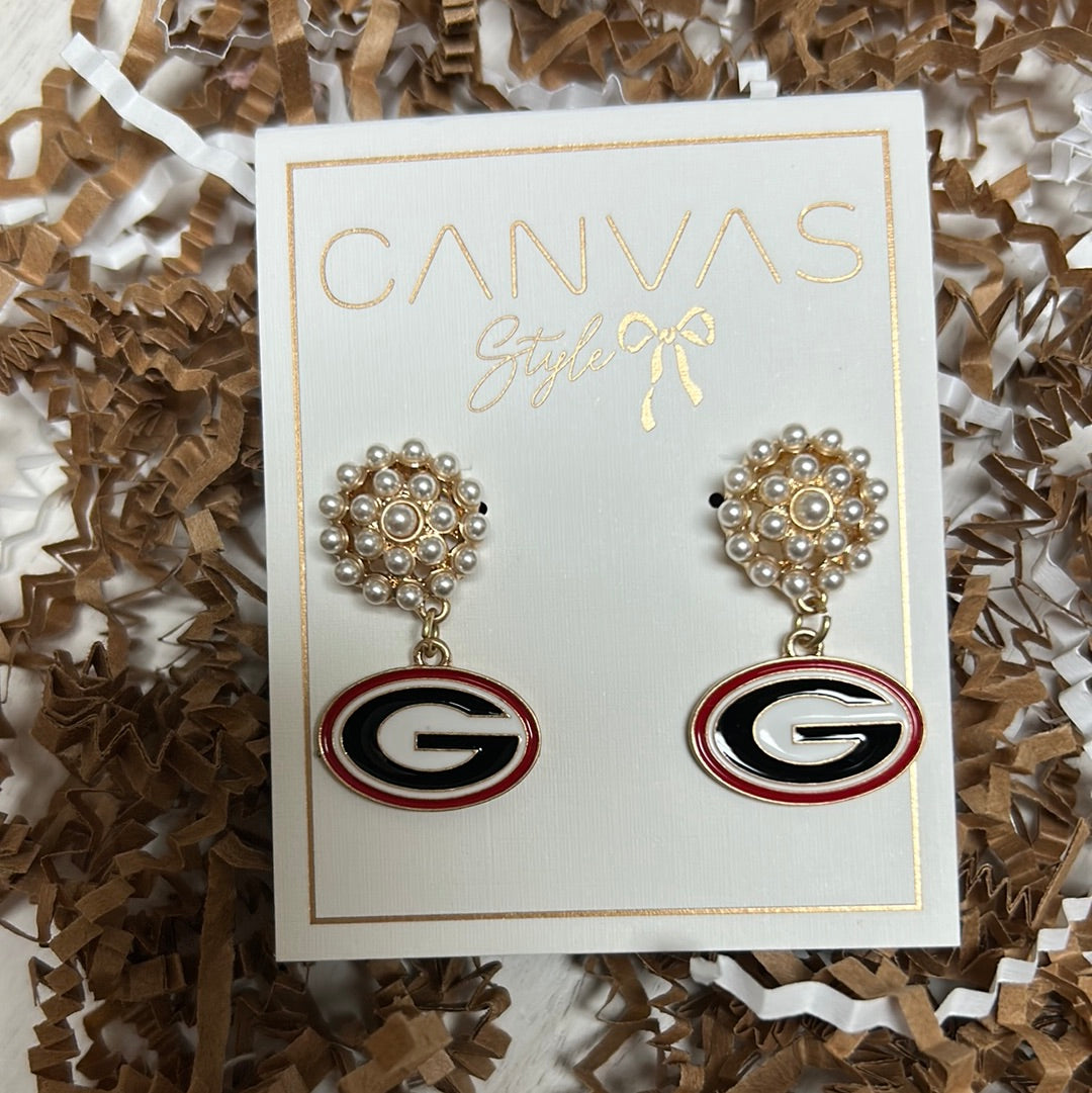 University of Georgia college drop earrings with pearl cluster studs featuring "G" emblem in red and black.