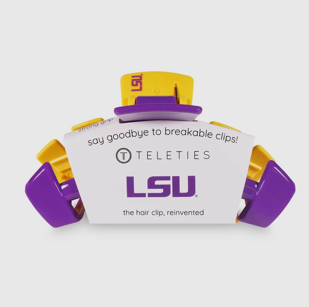 Louisiana State University Collegiate Teletie Claw Clip in gold and purple. Side view with packaging.