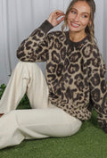 Leopard Fluffy Crewneck Long Sleeve Fuzzy Sweater VT82704