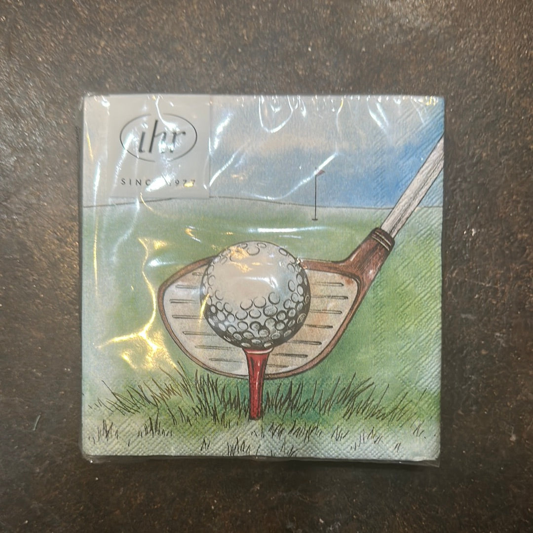 Golf napkin featuring a depiction of a golf ball on a tee with a club.