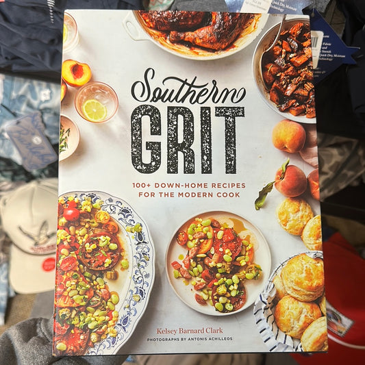 Book with multiple food dishes titling "Southern Grit".
