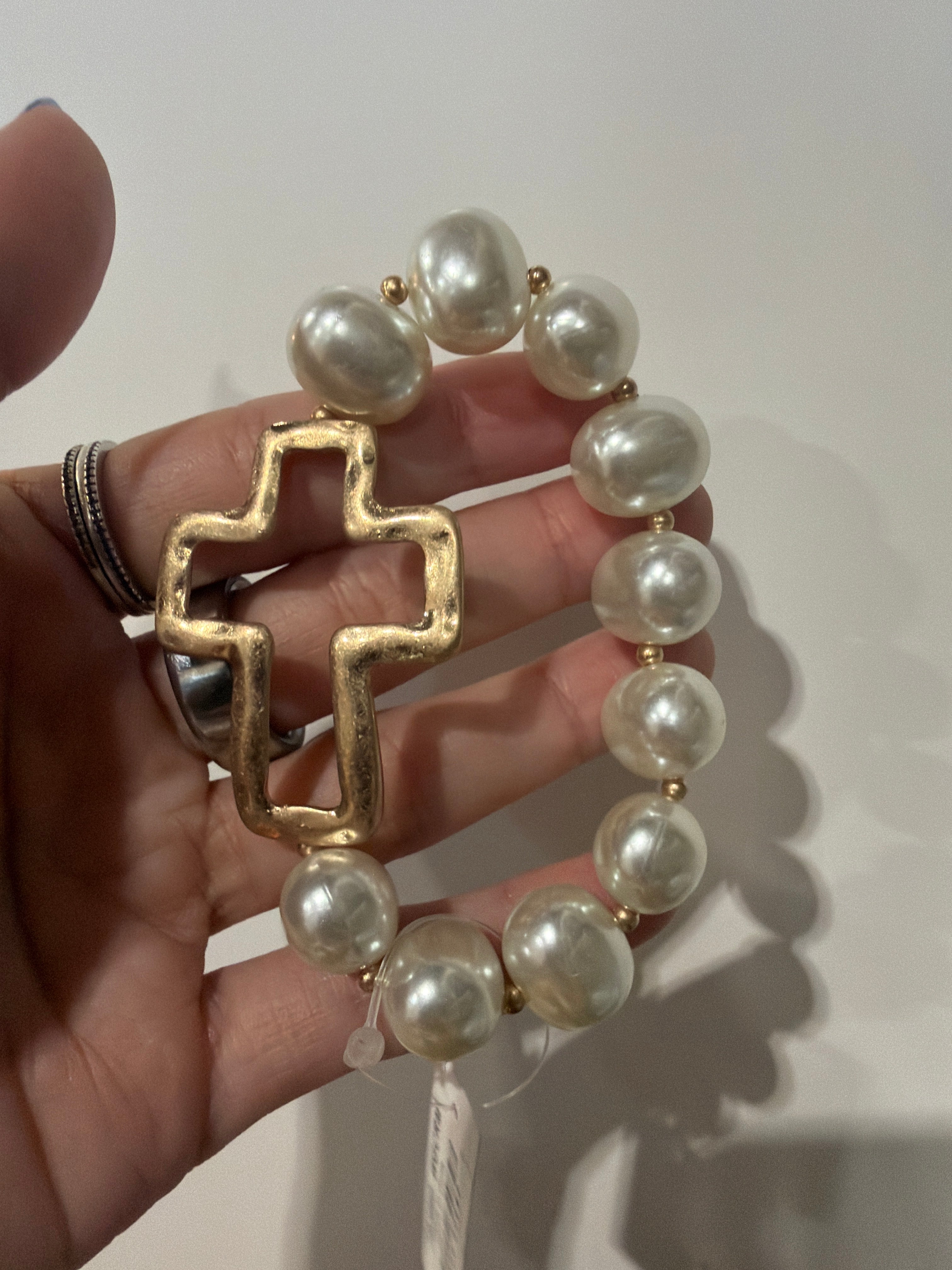 Large Pearl Beaded Cross Bracelet