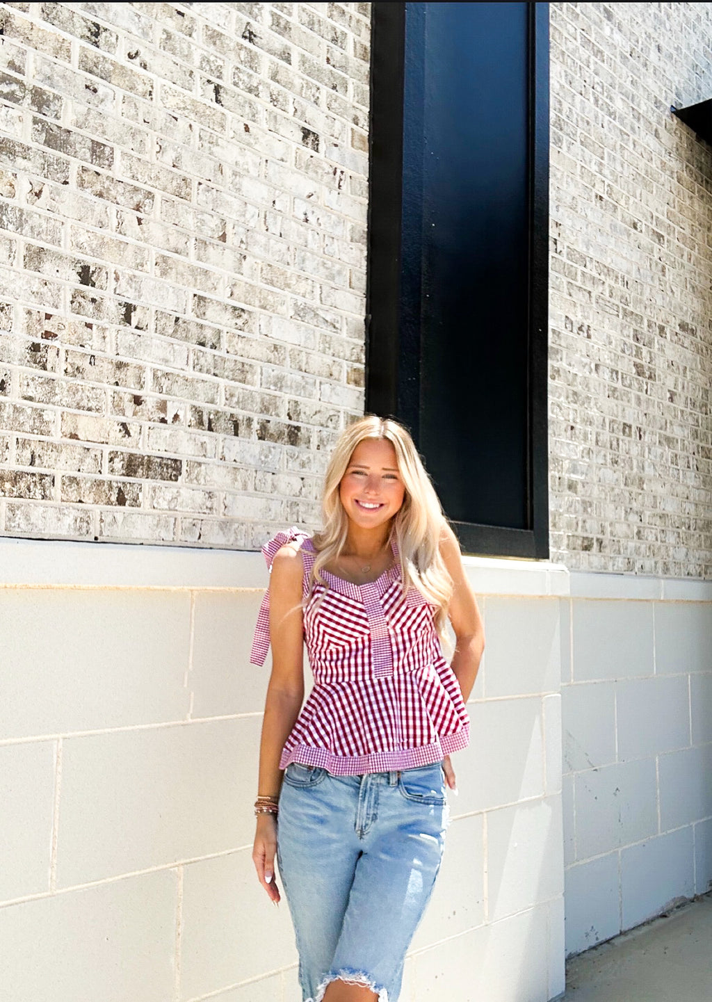 Gingham Bow Strap Peplum Top