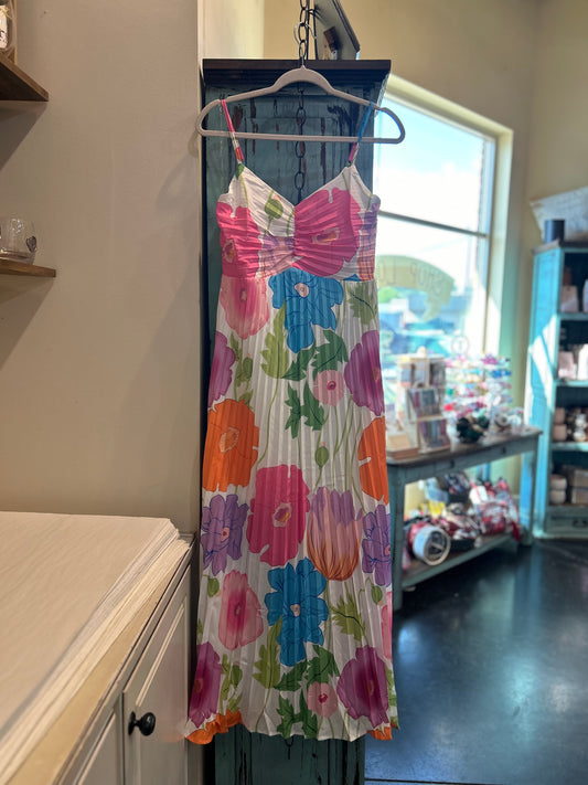Pleated Spaghetti Strap Floral Dress