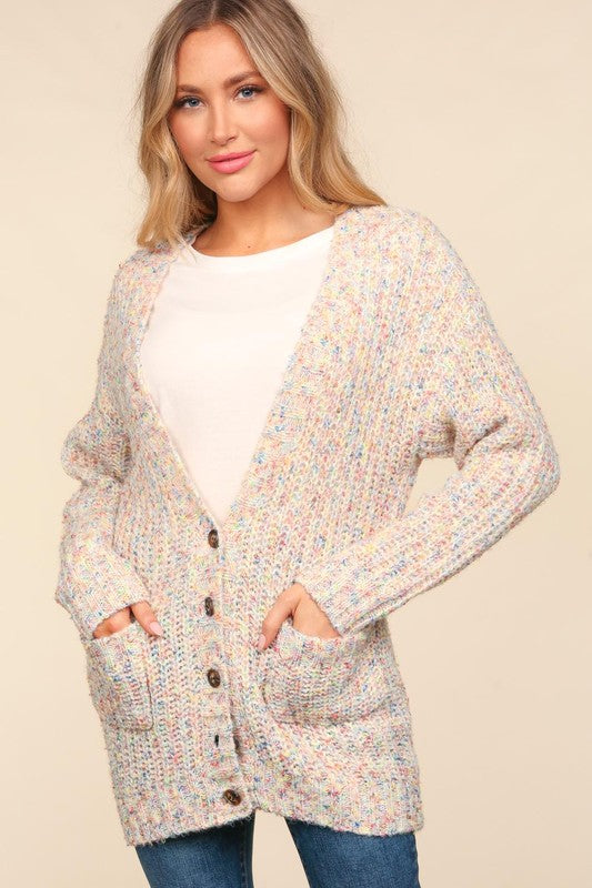 MULTI COLOR BUTTON DOWN CARDIGAN
WITH POCKETS