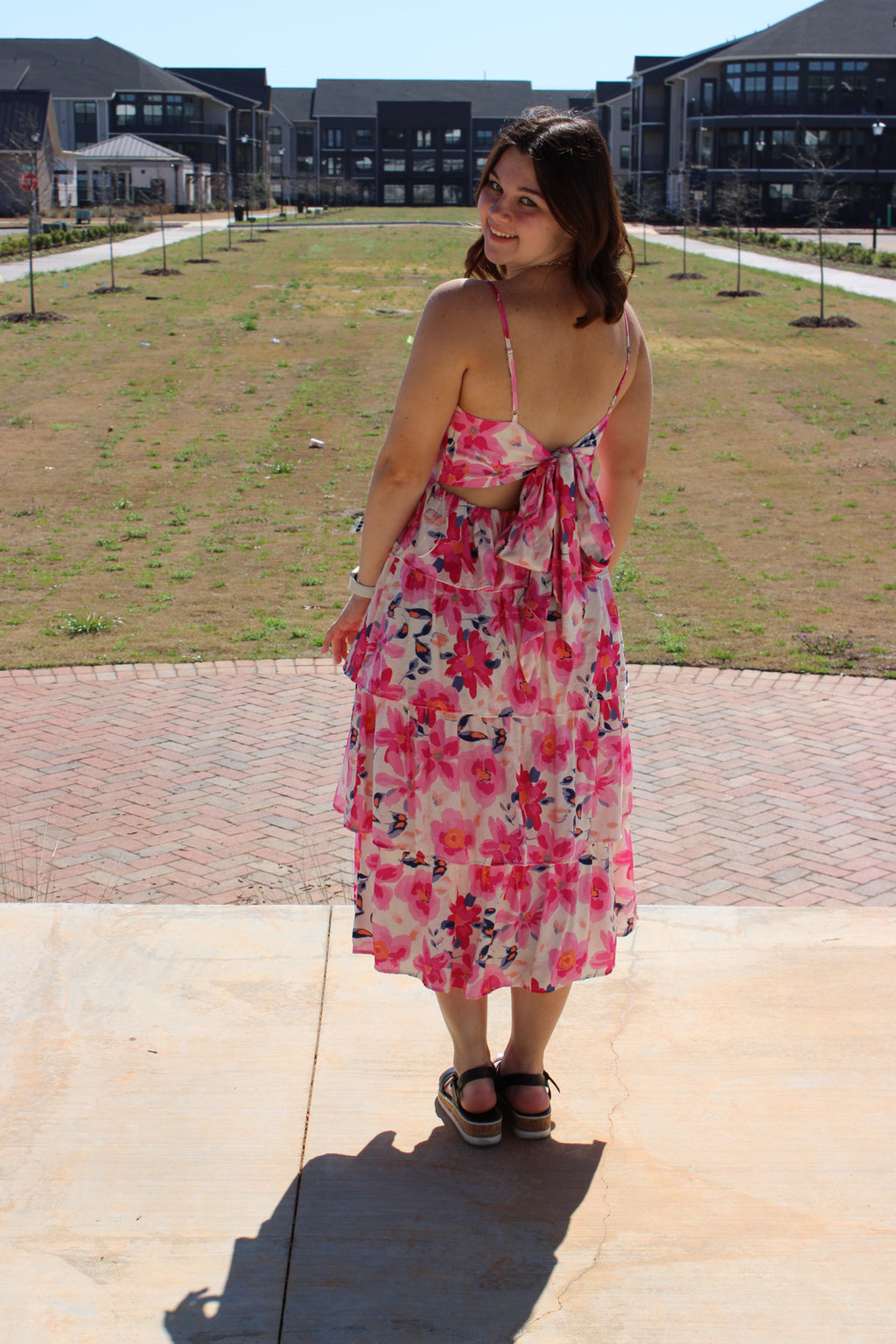 Floral Print Open Back Self Tie Bow Midi Dress