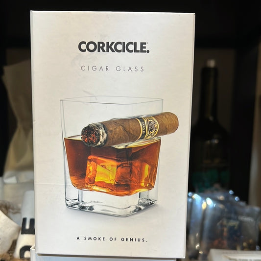 Corkcicle Cigar Glass in white packaging with whiskey glass and cigar on front.