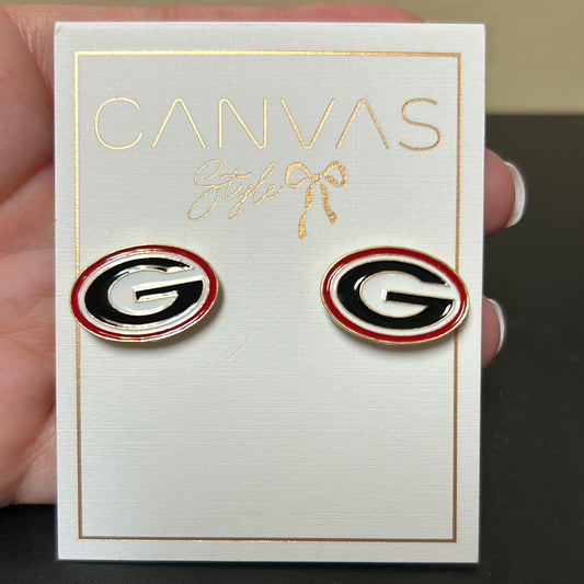 Enamel Collegiate Stud Earrings featuring "G" logo in red & black for the University of Georgia.