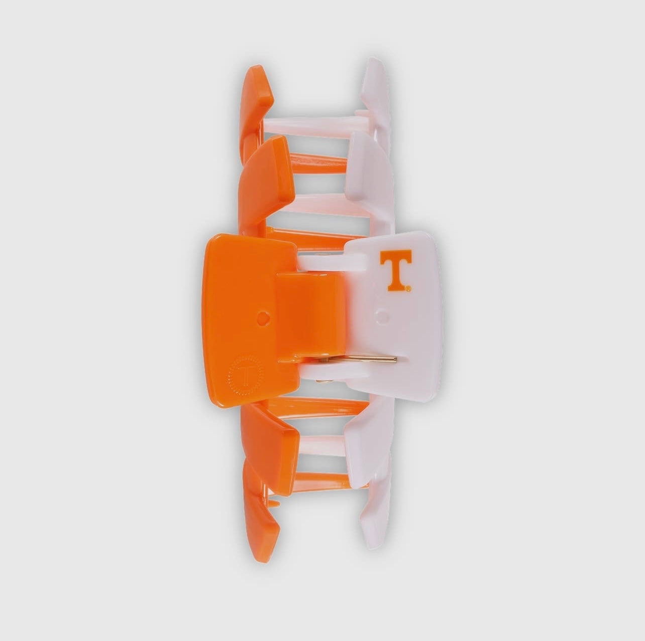 University of Tennessee Collegiate Teletie Claw Clip in orange and white. Top view.