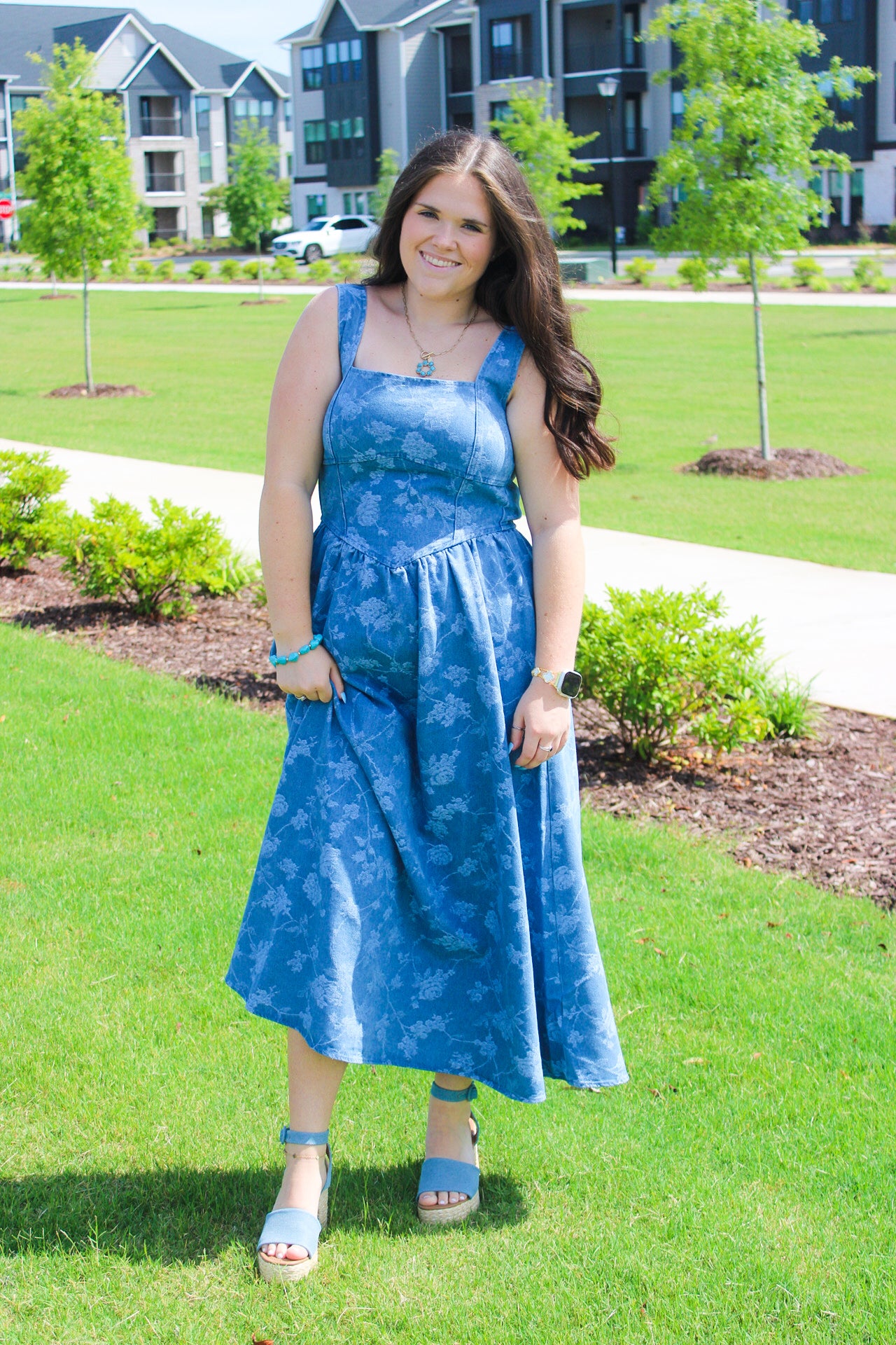 FLORAL JACQUARD CORSET DETAIL MIDI DRESS