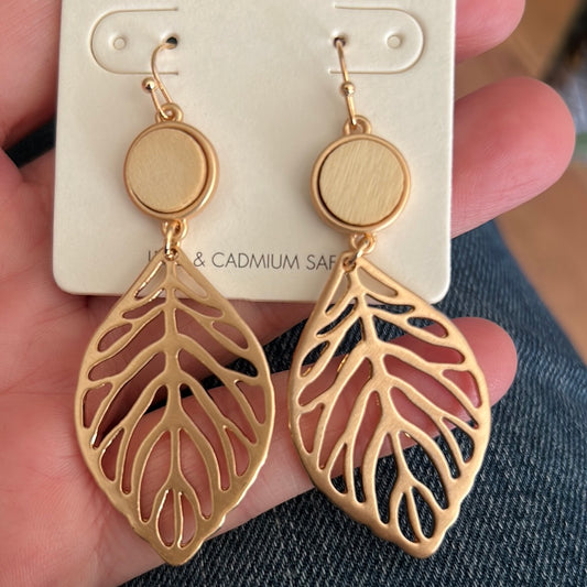 Natural Wood Circle with Matte Gold Leaf Earrings.