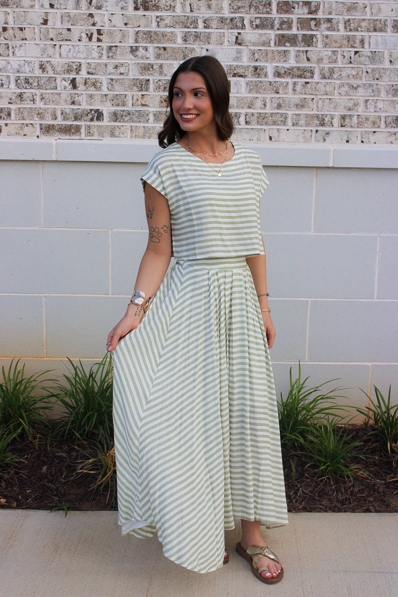 STRIPE HIGH WAIST PLEATED MIDI SKIRT Set