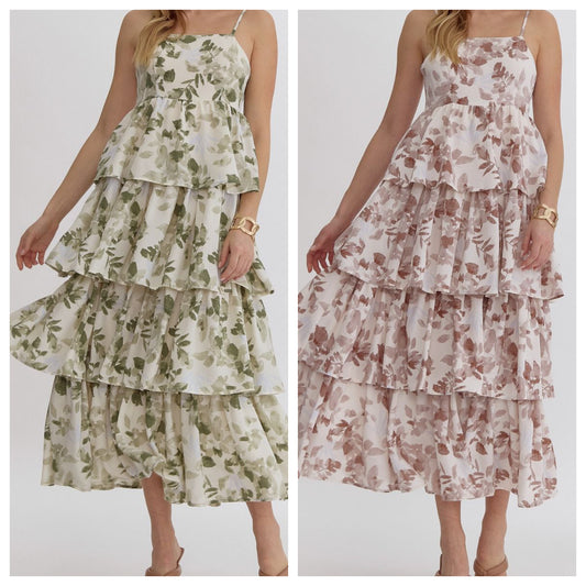 Neutral Floral Tired Bow Back Midi Dress