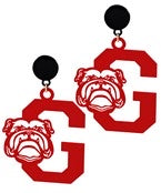 Metal red "G" with bulldog earrings with black stud.