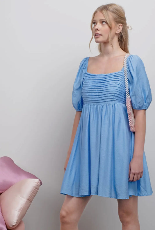 Pleated Detail Puff Sleeve Mini Dress