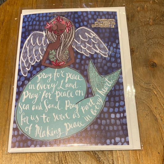 Card with a mermaid angel displaying “Pray for peace in every land. Pray for peace on sea and sand. Pray for us to serve as part of making peace in every heart.”