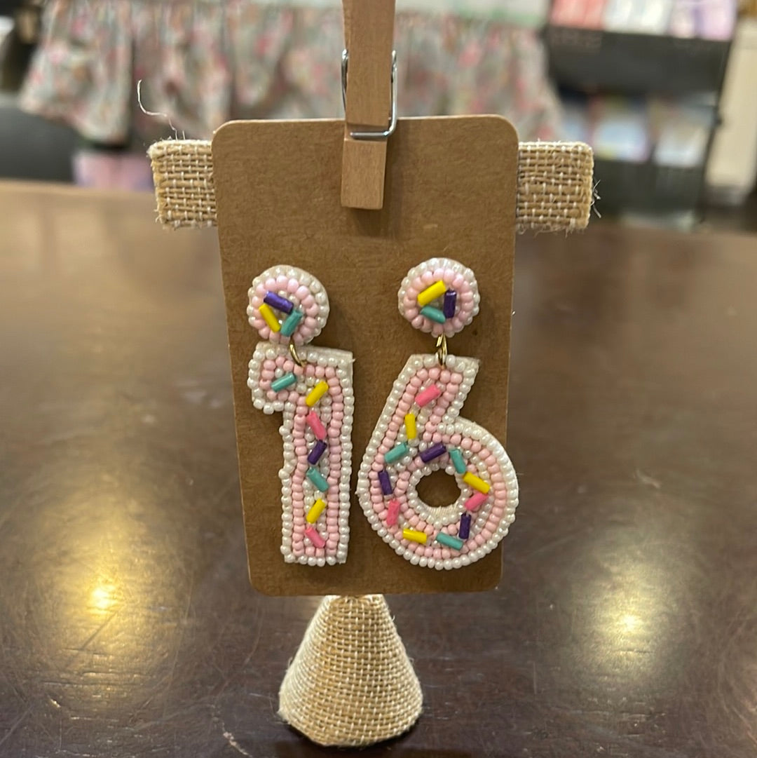 Beaded "16" birthday earrings.