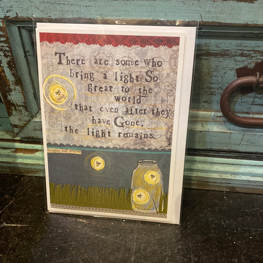 Card with fireflies in a jar under a night sky featuring “There are some who bring a light so great to the world that even after they have gone, the light remains.”