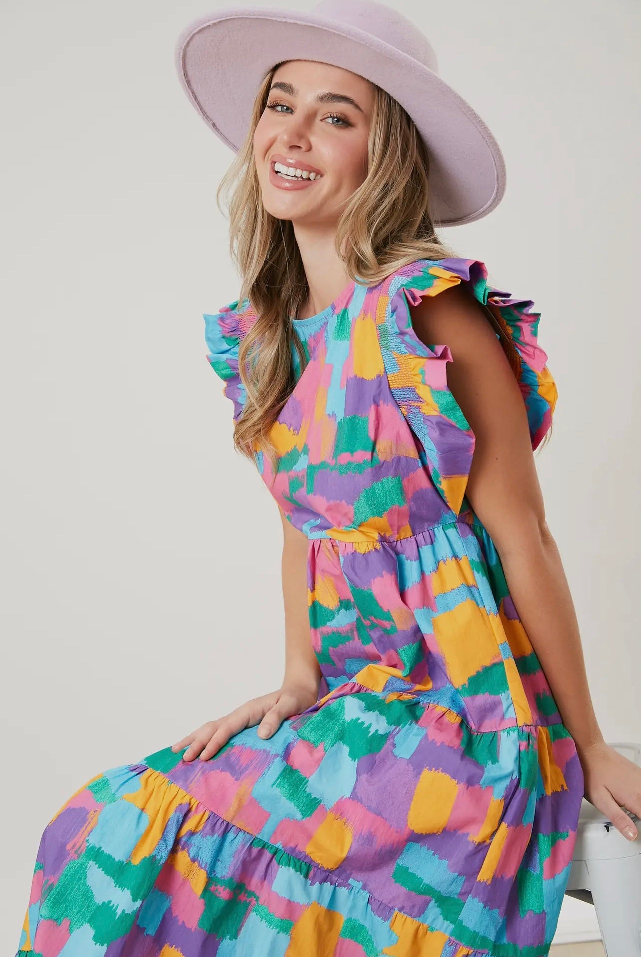 Smocked Ruffle Sleeve Abstract Colors Midi Dress