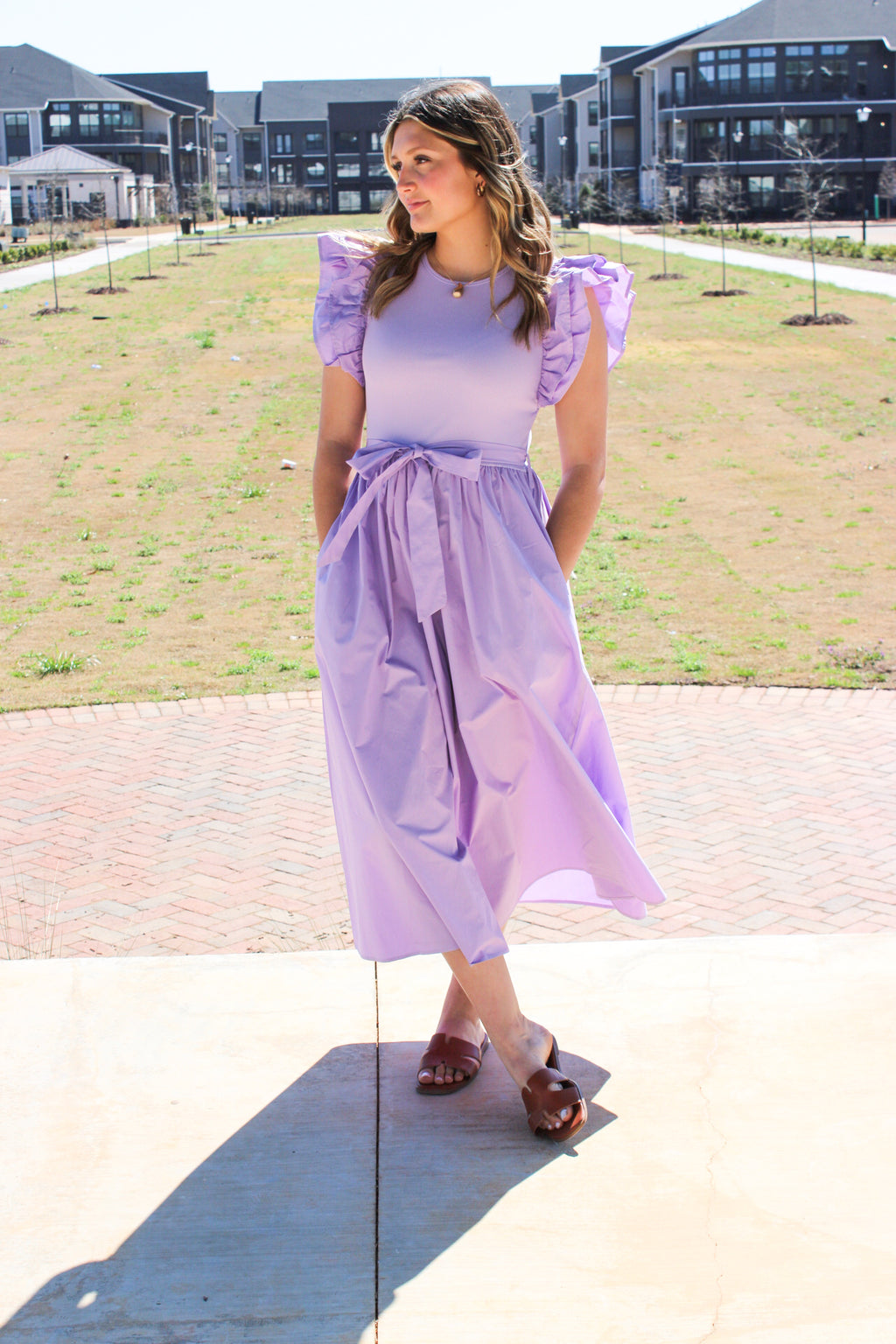 Dramatic Double Layered Ruffle Shoulder Midi Dress