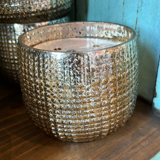 Candle in Speckled Silver Glass Vessel.