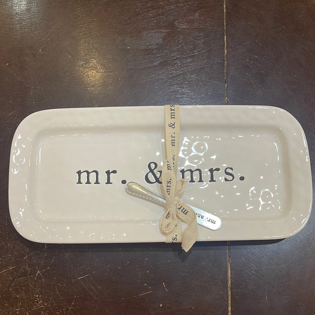 White Ceramic Plate featuring “mr. & mrs.” and spreader featuring “mr. & mrs.”