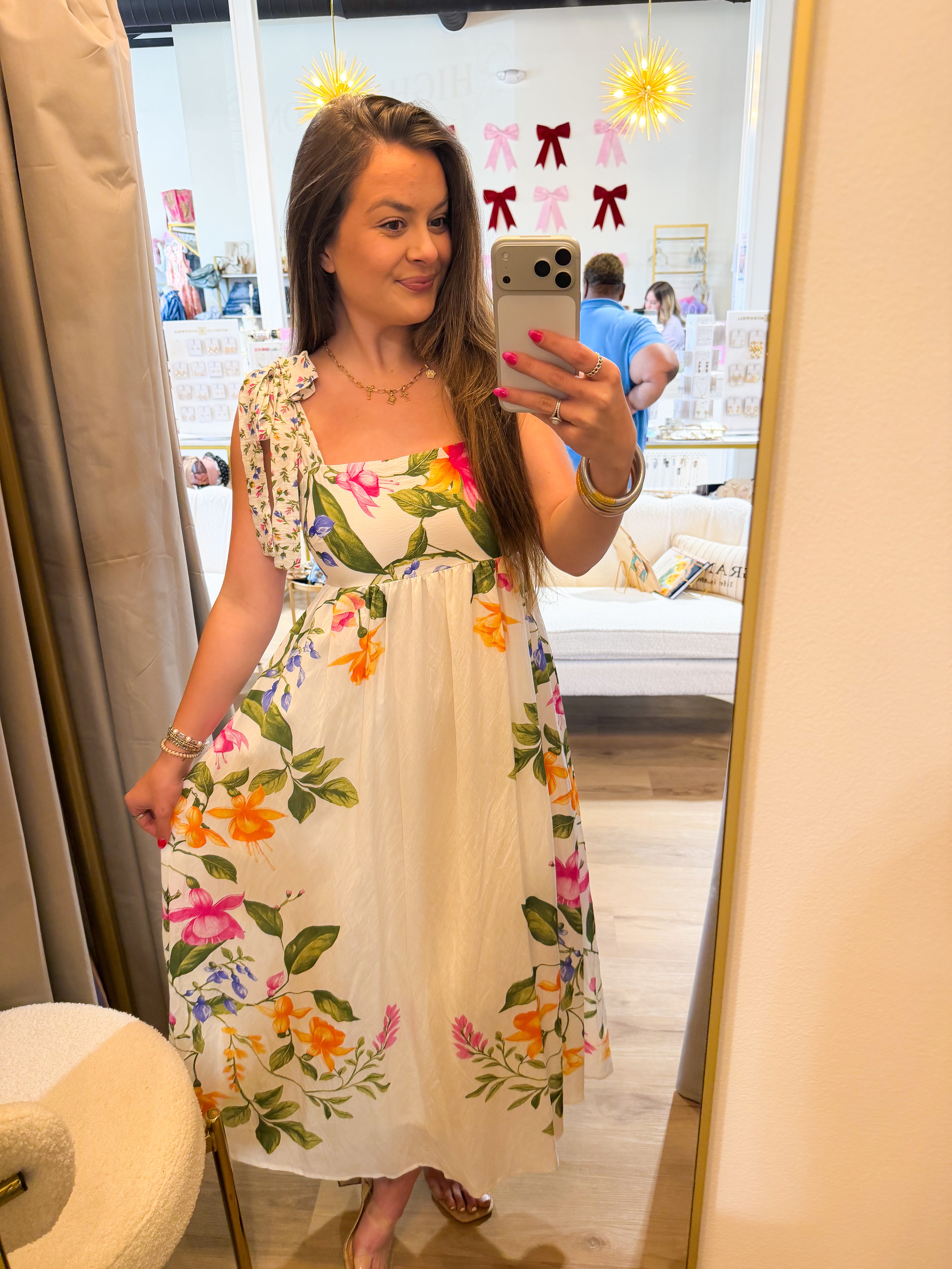 FLORAL TIE STRAP DETAIL EMPIRE WAIST MIDI DRESS