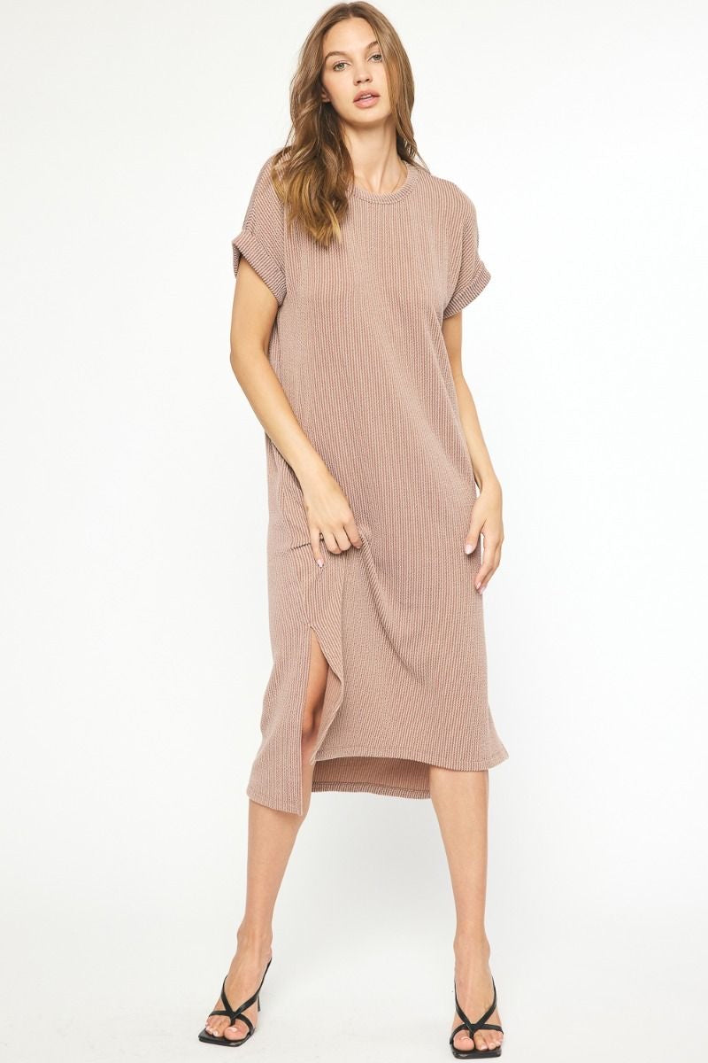 Model featuring acorn ribbed t-shirt midi dress.