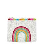 White beaded coin bag with beaded rainbow.