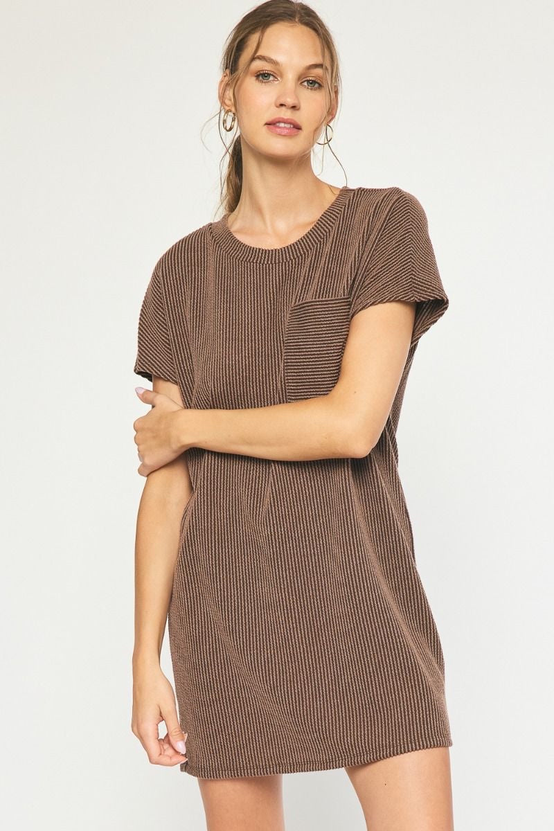 Model featuring peppercorn ribbed t-shirt dress.