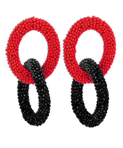 Red and black beaded chain link earrings.