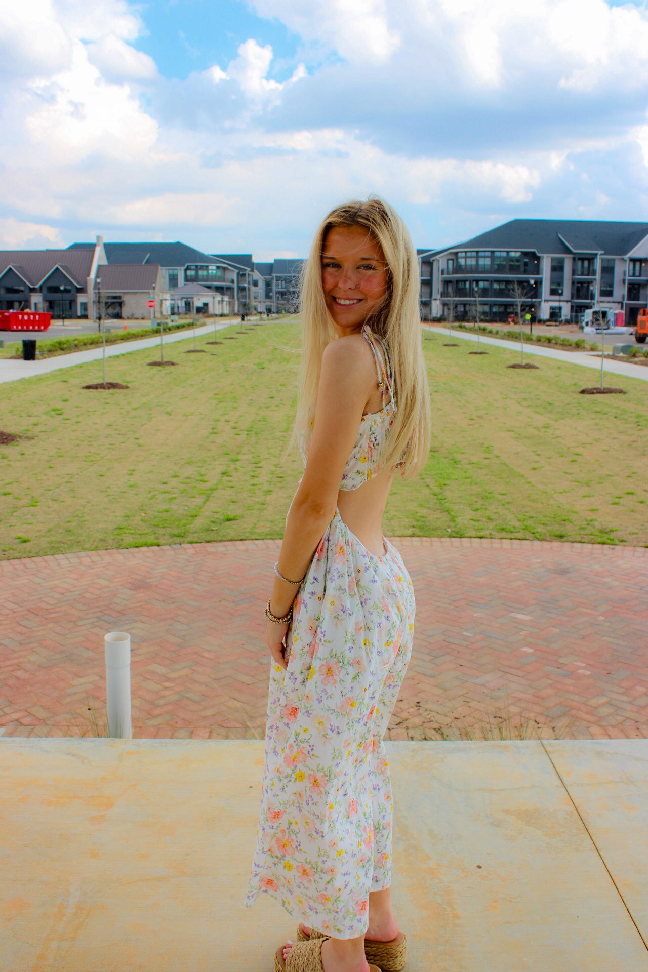 Scallop Edge Tie Shoulder Floral Midi Dress