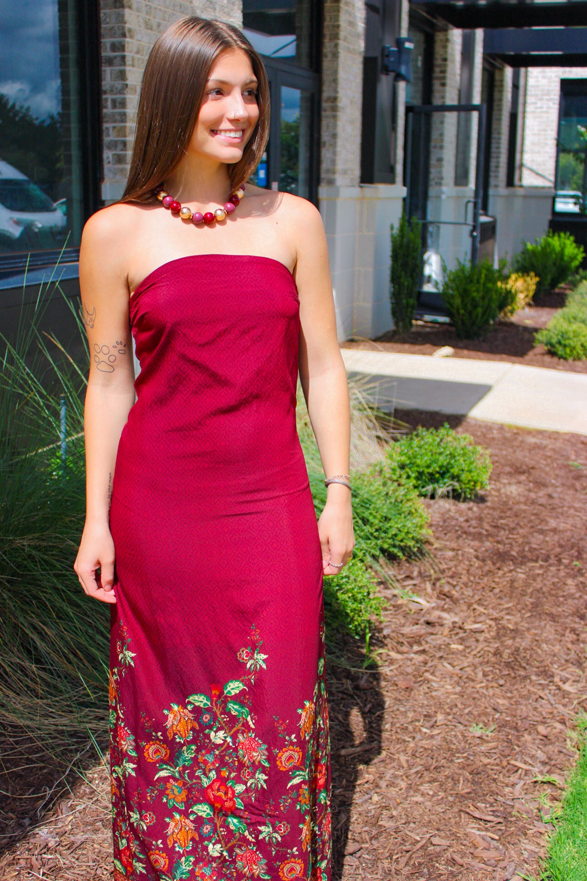 Border Floral Strapless Maxi Dress