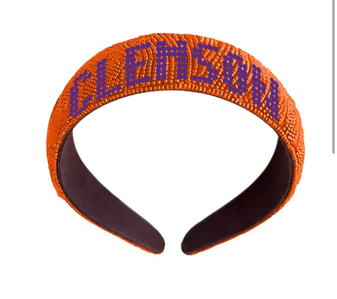 Orange and purple "Clemson" beaded headband.
