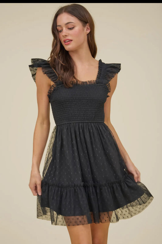 Black Polka Dot Chiffon Smocked Ruffle
Detail Mini Dress