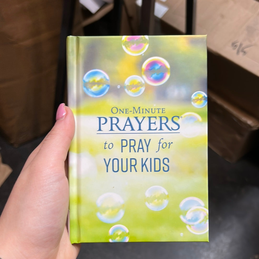 Book with bubbles on cover titling "One-minute Prayers to Pray for Your Kids".