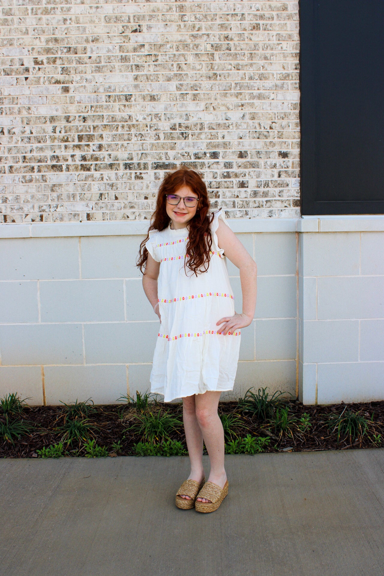 Girls Contrast Floral Lace Trim Ruffle Tank Dress