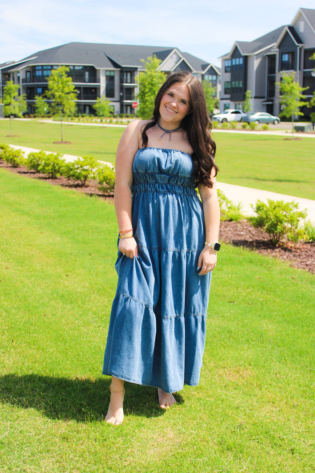 STRAPLESS SHIRRED TIERED DENIM MIDI SUNDRESS