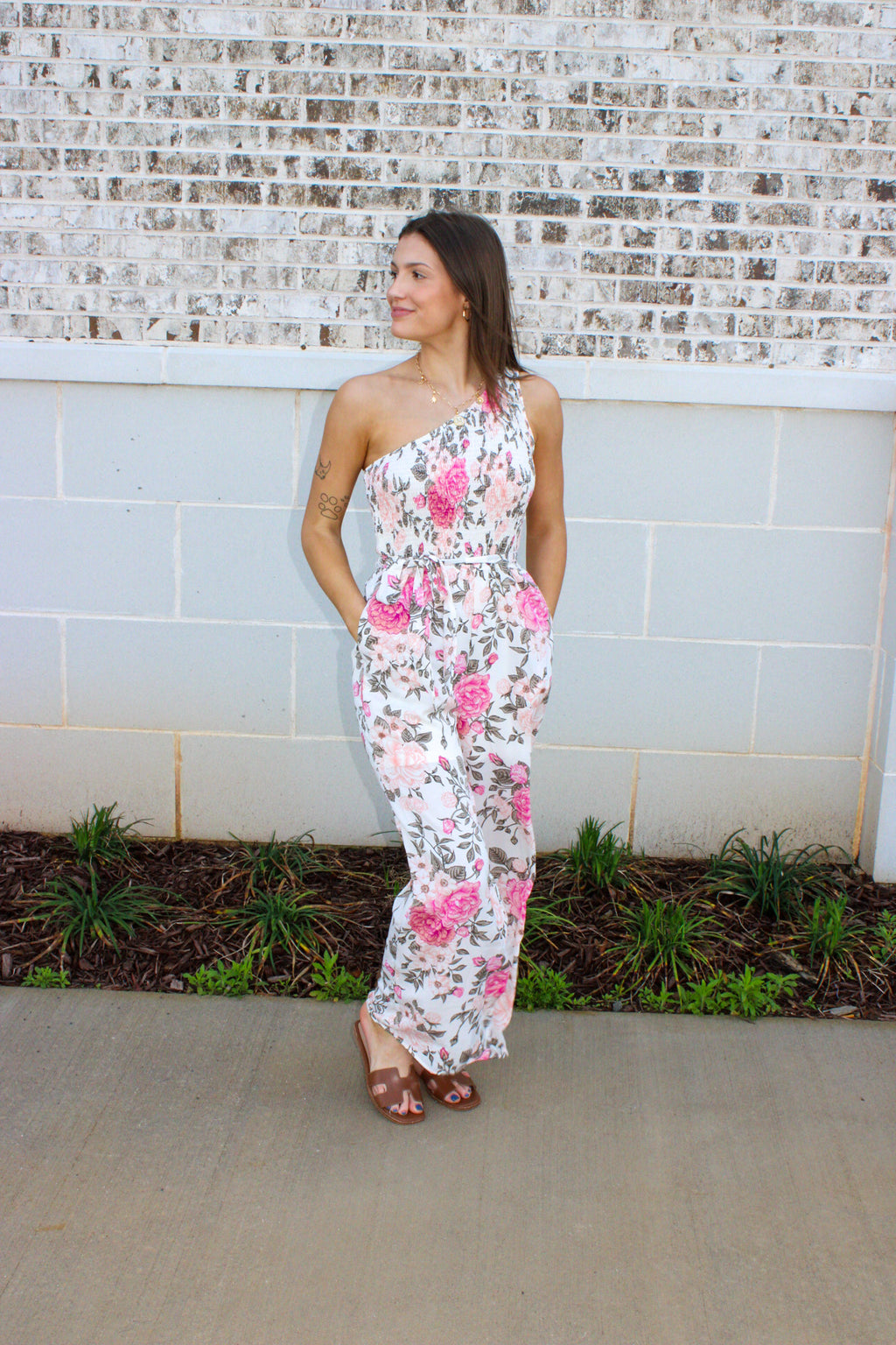 Womens Romantic Floral Smocked One Shoulder Jumpsuit