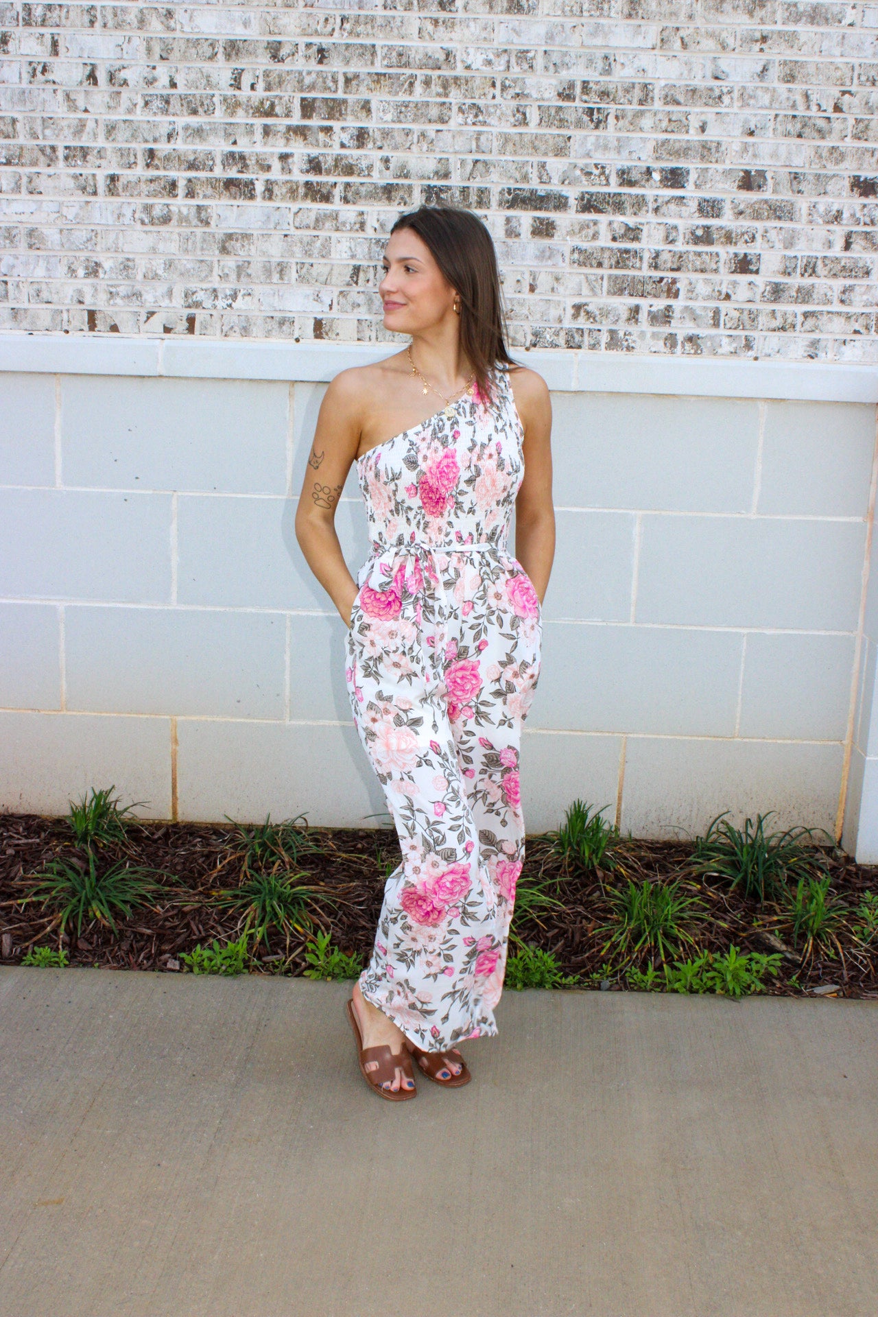 Womens Romantic Floral Smocked One Shoulder Jumpsuit