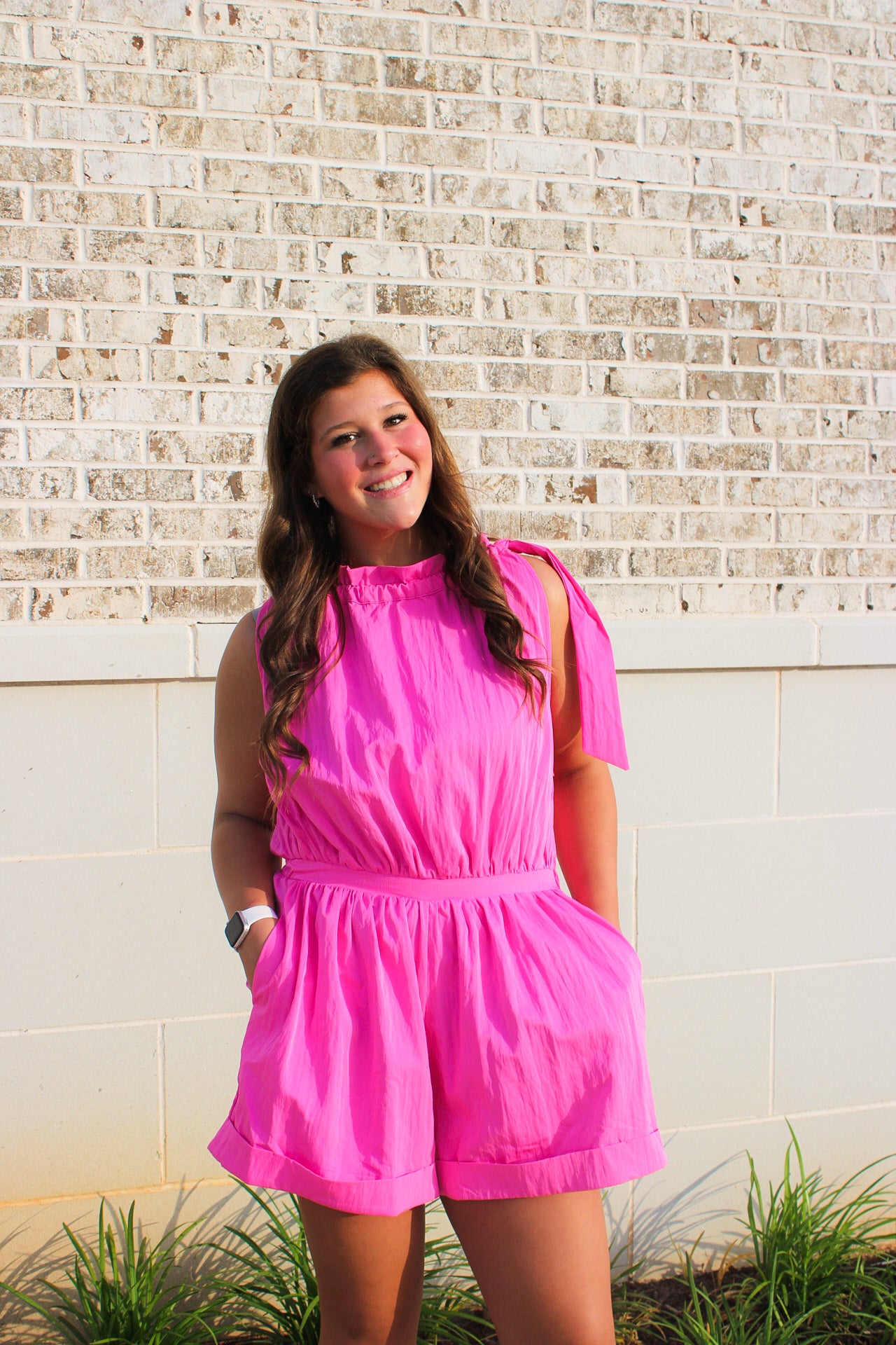 Ruffle Neck Tie Sleeveless Cuffs Hem Romper